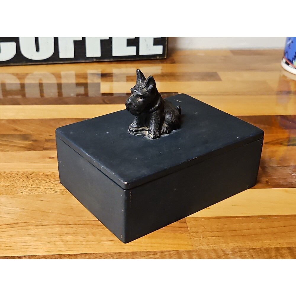 Vintage Art Deco Black Metal Scottie Dog On Wooden Trinket Box 1930s 5.75"×4.25"